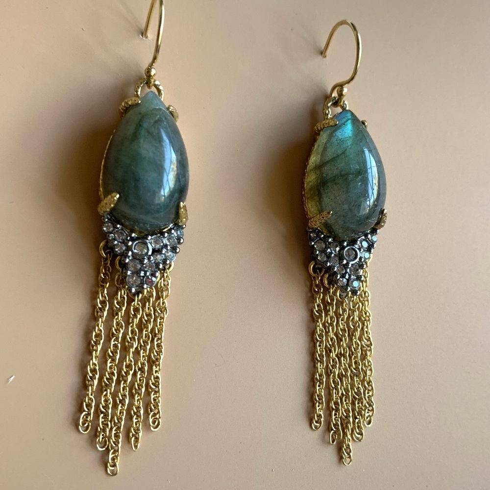 ALEXIS BITTAR Blue Green Teardrop Labradorite
Gemstone Fringed Crystal Earrings - Picture 1 of 11